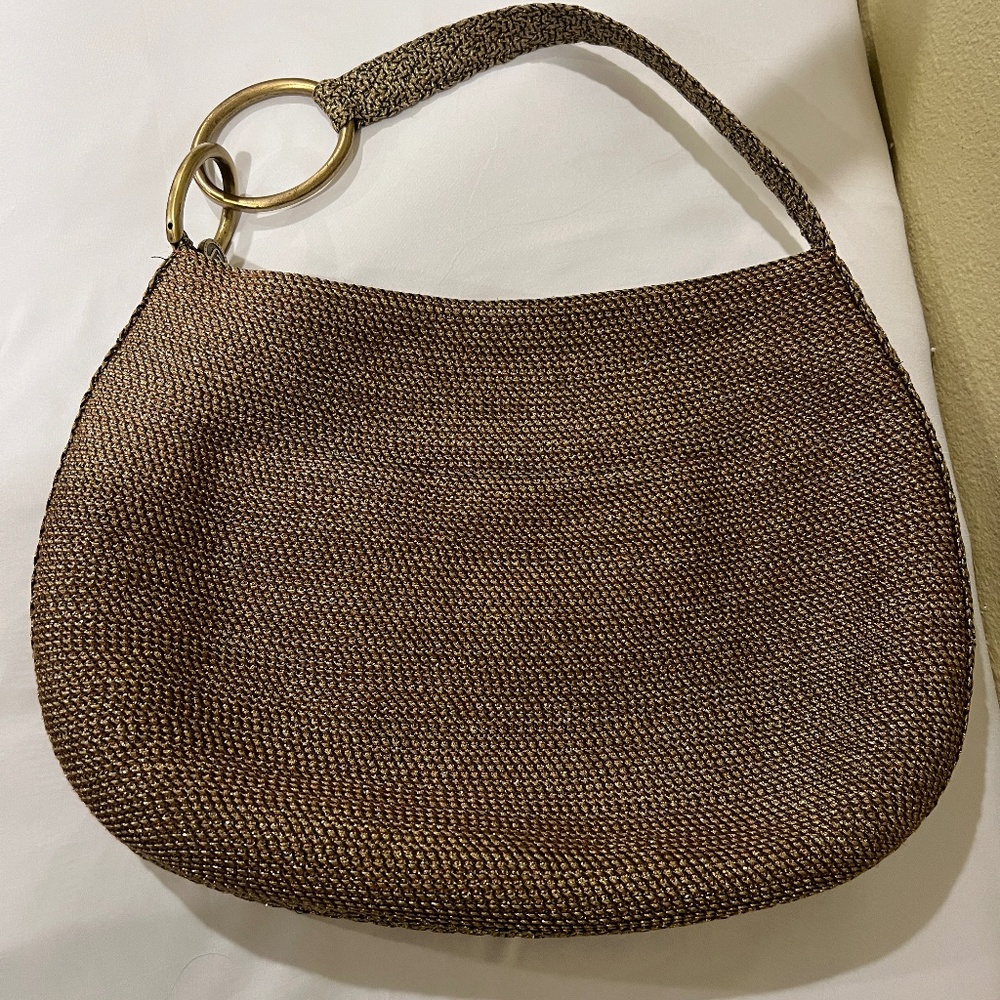 ERIC Javitz Squishee Gold/Tan Woven Rings Detail Hobo Shopper Shoulder Bag